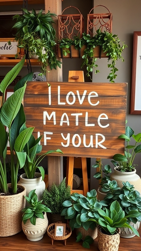 A rustic wooden sign with the text 'I Love Matle If Your' surrounded by various indoor plants.