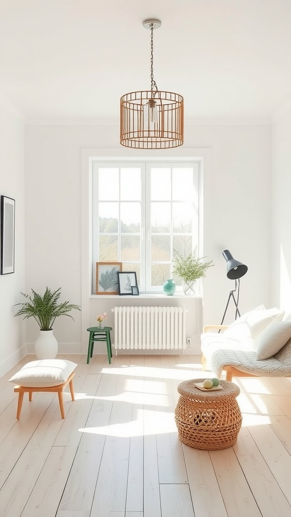 A minimalist Scandinavian living room with light wood flooring, a simple sofa, a woven coffee table, and plants.