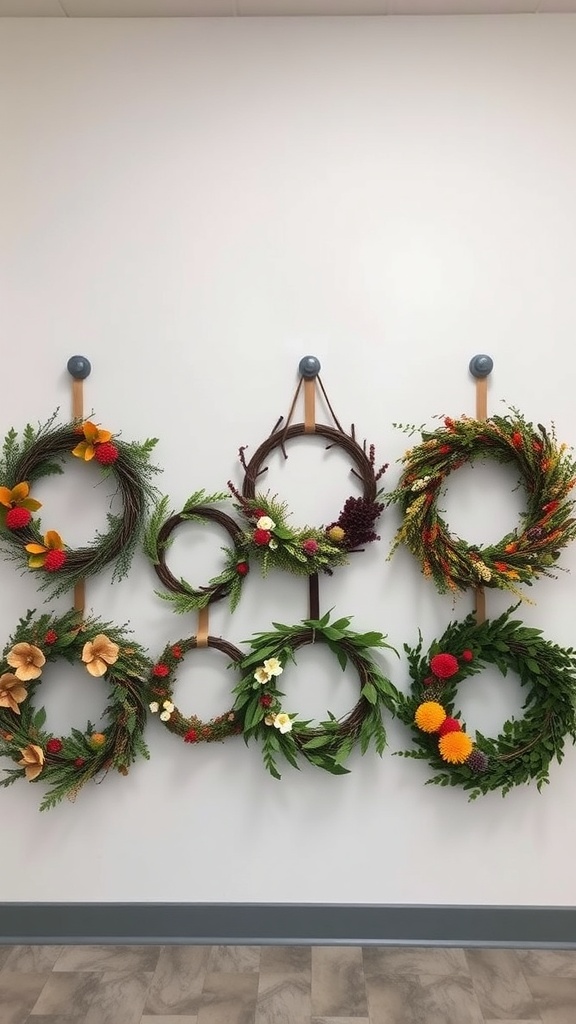 A display of seasonal wreaths in various colors and designs hanging on a wall.