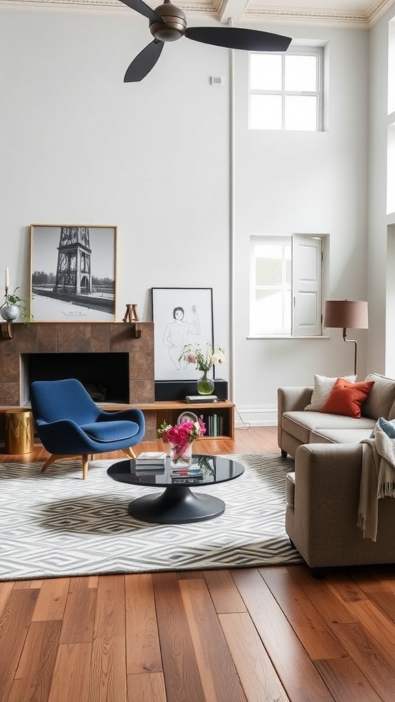 A modern living room featuring a blue chair, round coffee table, and decorative accents