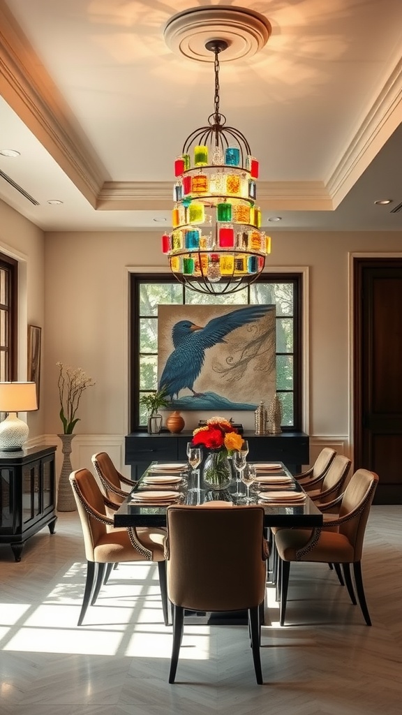 A colorful chandelier hanging over a dining table in an elegantly decorated room.