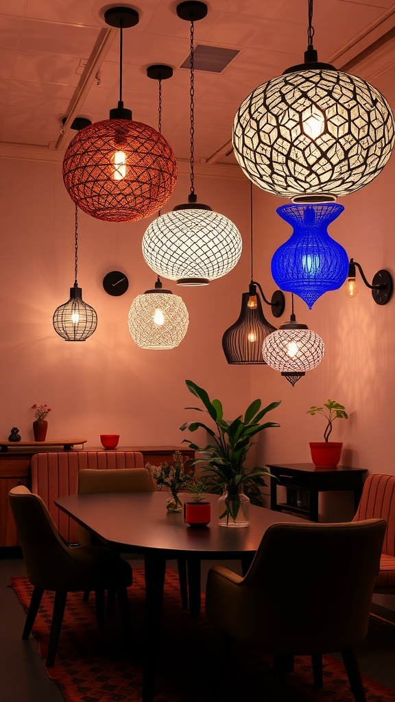 A collection of colorful and unique hanging light fixtures in a cozy dining area