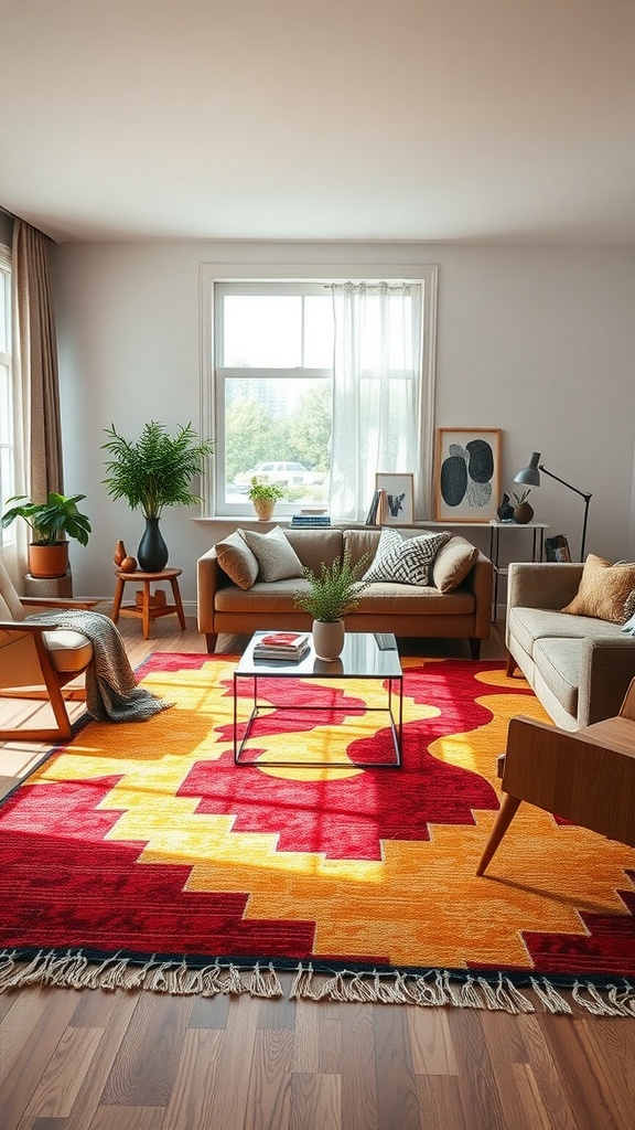 Vibrant statement rug in a cozy living room setting, enhancing the decor with bold colors.