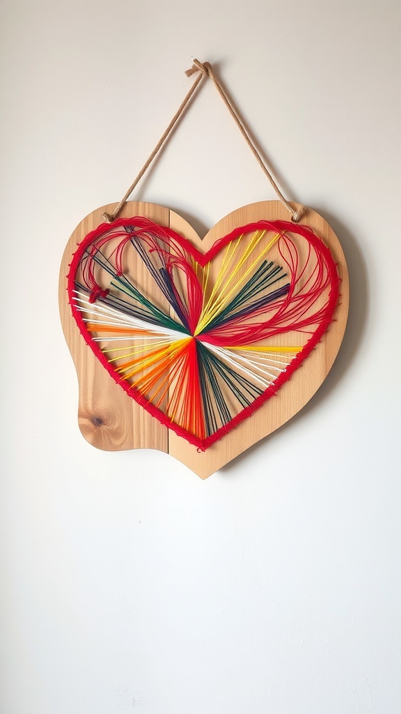 A heart-shaped string art piece featuring colorful string patterns on a wooden board.