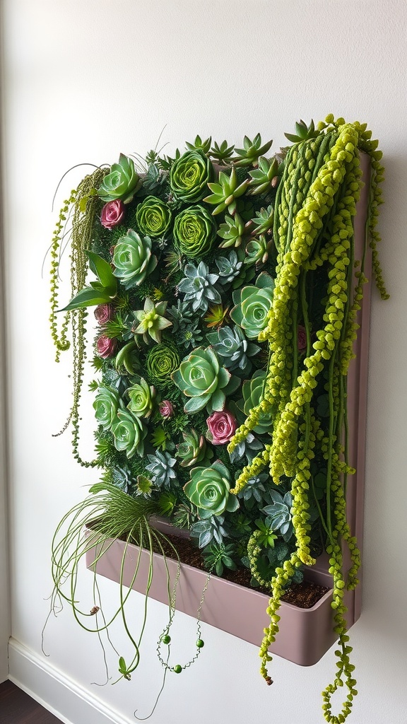 A vertical arrangement of various succulents in a wall planter, featuring green and pink plants with long trailing vines.