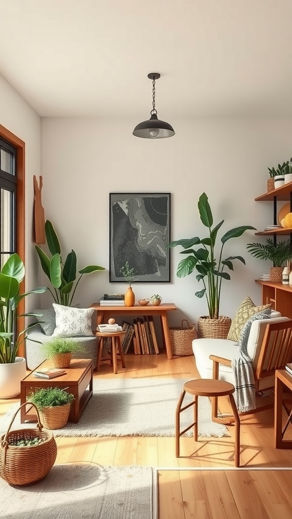 A cozy living room featuring sustainable decor elements, including wooden furniture, plants, and natural textiles.