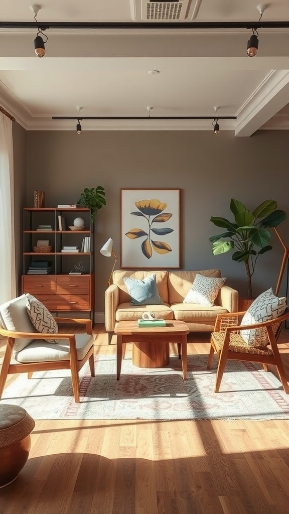 A cozy living room with natural wood furniture, indoor plants, and calming decor.