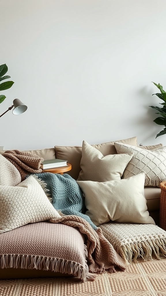 A cozy living room corner with layered cushions and throws, creating a warm and inviting atmosphere.