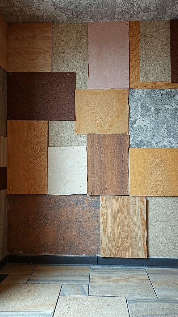 An eclectic arrangement of various textured wall panels in different colors and materials.