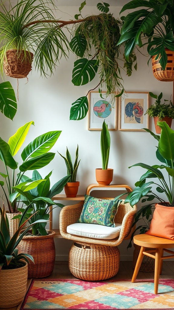 A cozy corner decorated with various tropical plants, featuring a rattan chair, colorful pillows, and a vibrant rug.