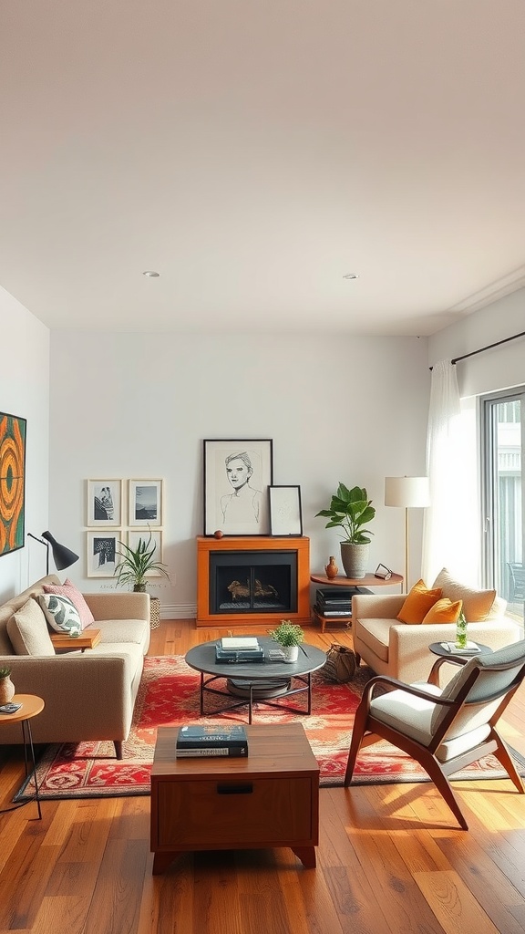 A cozy living room featuring unique furniture arrangements with two sofas, a round coffee table, and vibrant cushions.