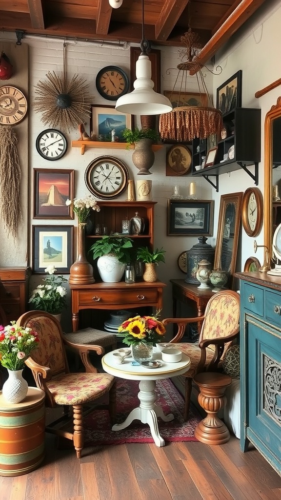 Cozy vintage room with clocks, framed art, wooden furniture, and floral decor.