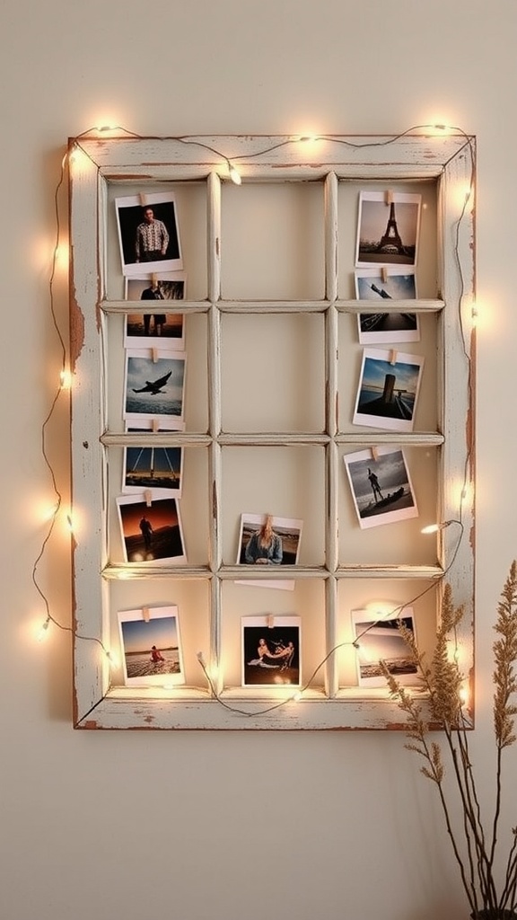 An upcycled window frame art displaying photos and fairy lights