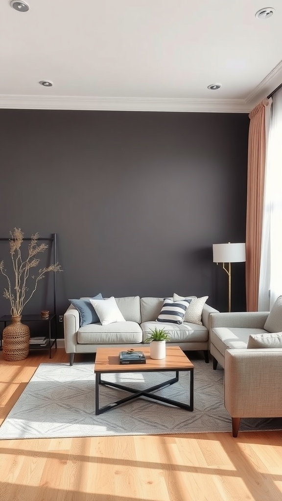 A cozy living room featuring a dark accent wall, light-colored furniture, and a stylish coffee table.