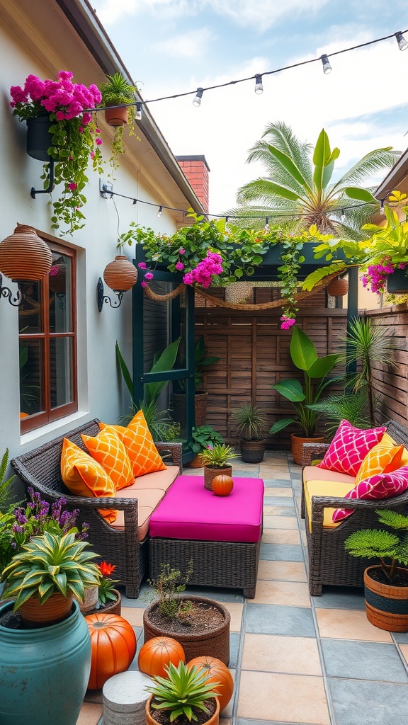 Vibrant outdoor patio decor featuring cozy furniture, colorful cushions, and lush plants.