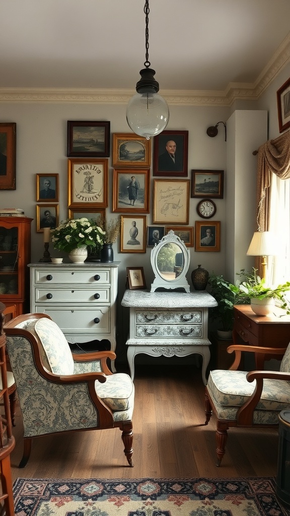 A cozy room featuring vintage furniture, framed artwork, and indoor plants, showcasing a blend of vintage and modern decor.