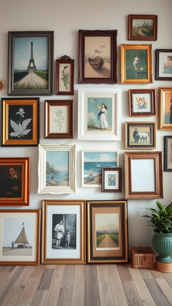 A vintage eclectic gallery wall with various art frames and a green plant in a pot.