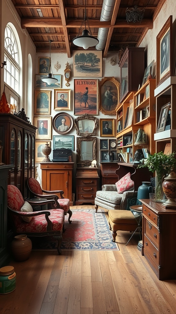 A cozy room with vintage furniture and a gallery wall filled with framed pictures and mirrors.