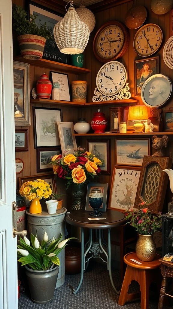 A cozy vintage corner filled with various decor items including clocks, flowers, and framed art