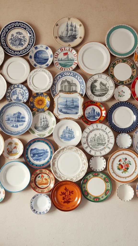 An artistic arrangement of vintage plates on a wall, showcasing various designs and colors.