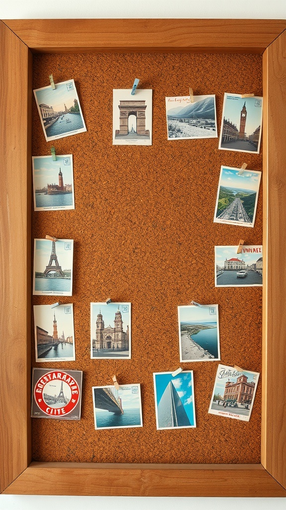 A corkboard displaying a variety of vintage postcards with colorful clips.