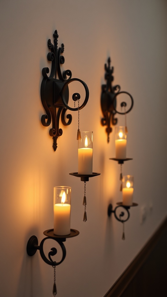 Wall-mounted candle holders with warm candlelight illuminating the space