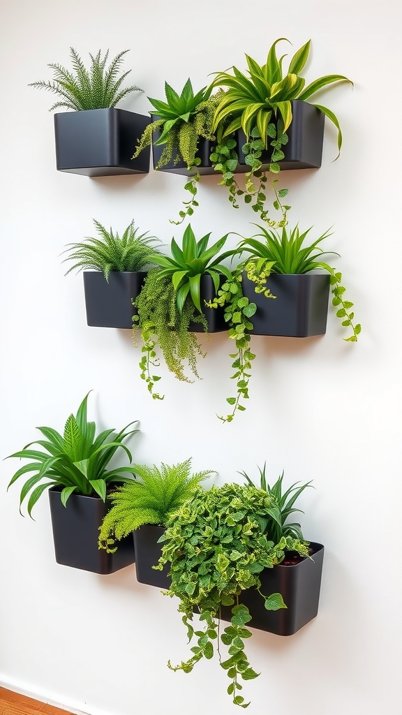 A collection of wall-mounted black planters with various green plants.