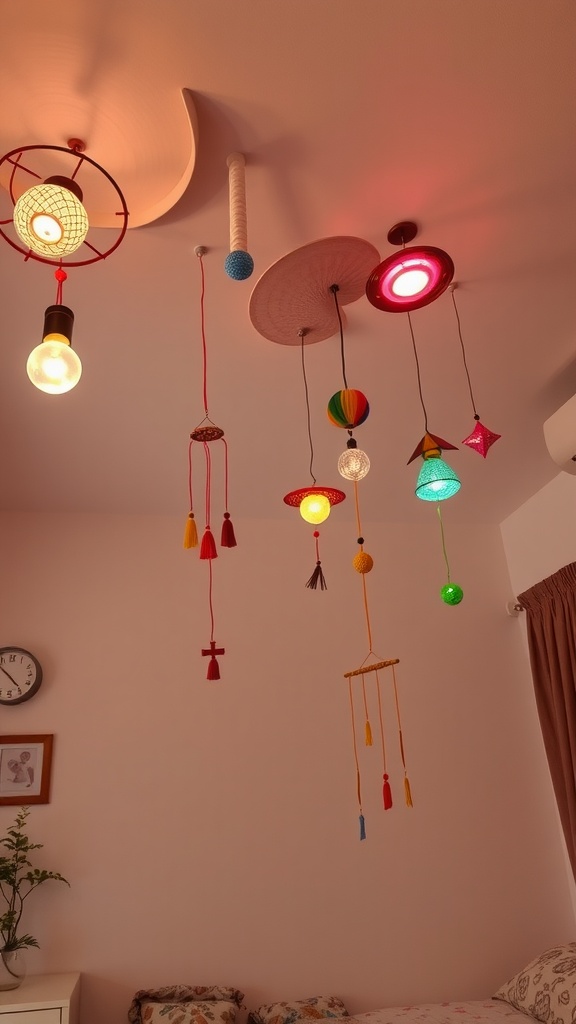 Colorful and whimsical ceiling decor featuring various hanging lights