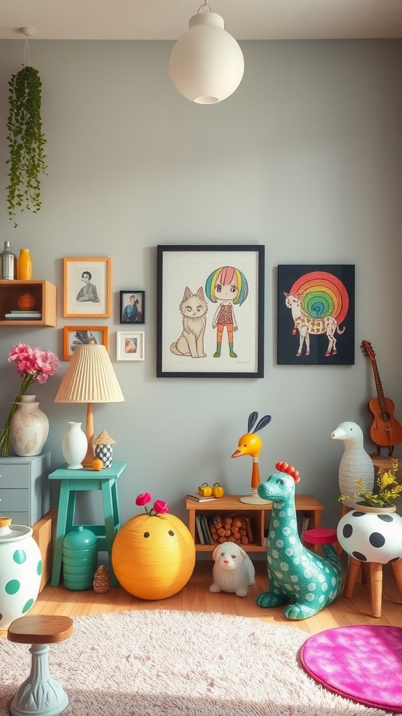 A colorful room featuring whimsical decor elements like playful furniture, vibrant artwork, and cheerful accessories.