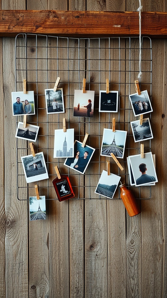 A wire photo display with various photographs clipped on it, set against a wooden background.