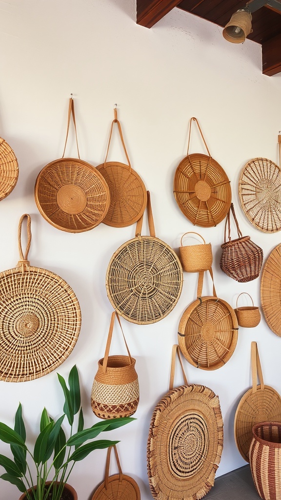 A collection of woven wall baskets displayed on a white wall, showcasing various shapes and sizes.