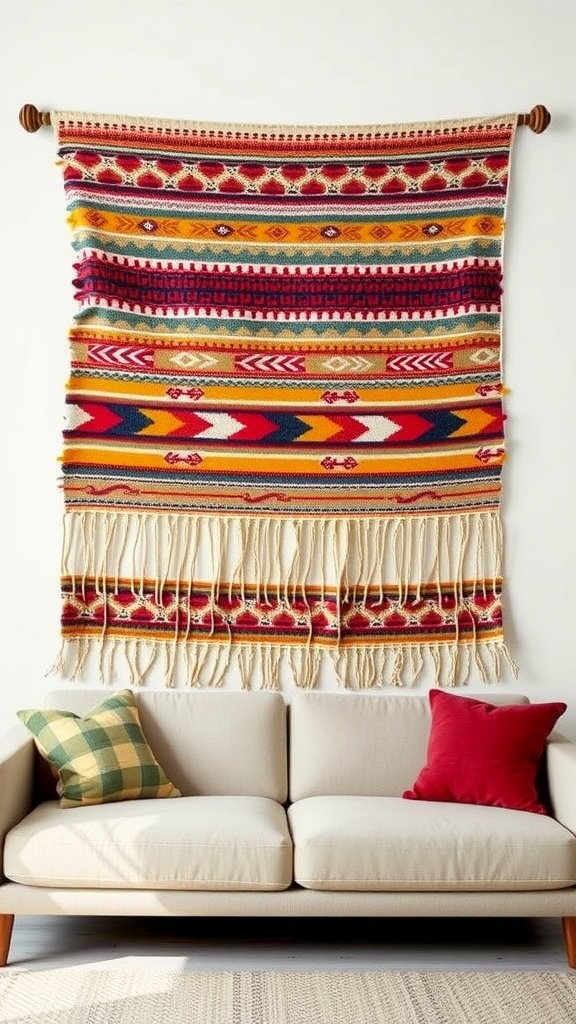 Colorful woven wall tapestry displayed above a beige sofa with vibrant cushions.