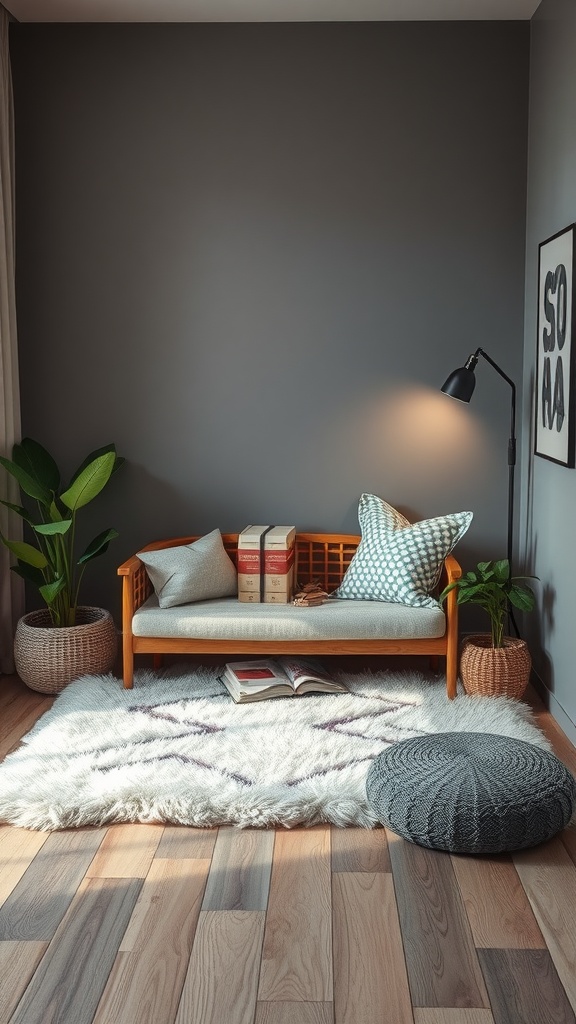 A cozy reading nook featuring a soft rug, a small couch with decorative pillows, and plants