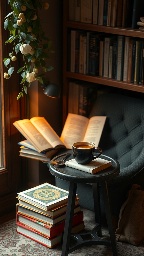 A cozy reading nook featuring a small side table with a cup of coffee and open books, surrounded by a bookshelf and plants.