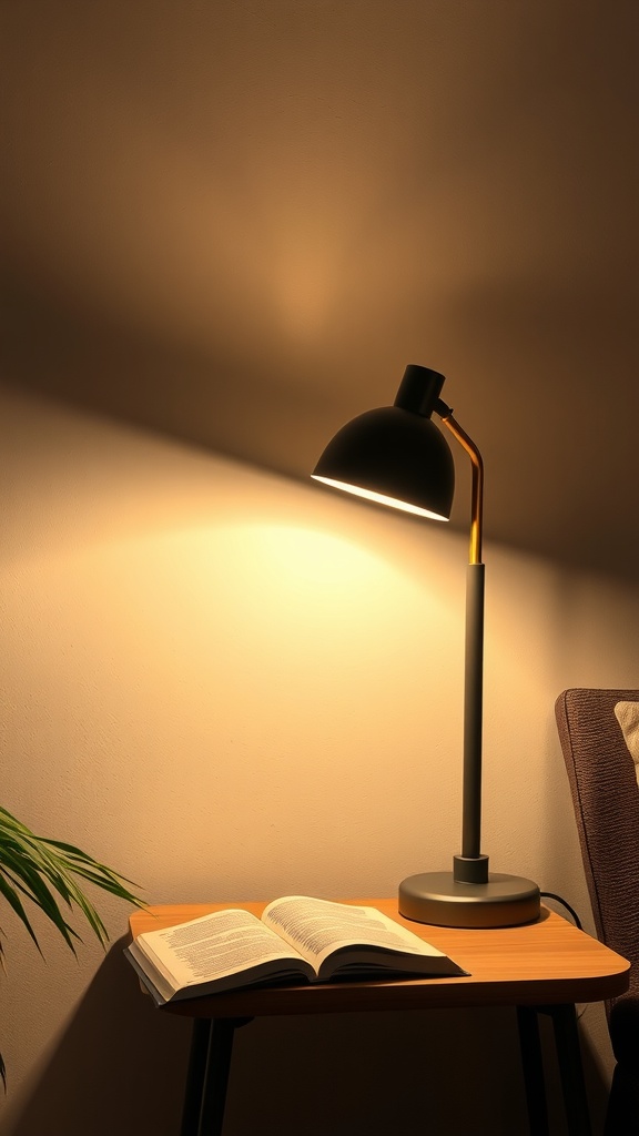 A stylish black table lamp illuminating an open book on a wooden table, creating a cozy reading nook ambiance.