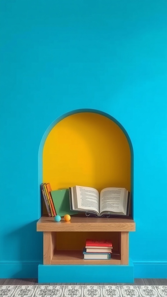 A cozy reading nook with a turquoise accent wall and a yellow arch, featuring a built-in shelf with books and decorative elements.