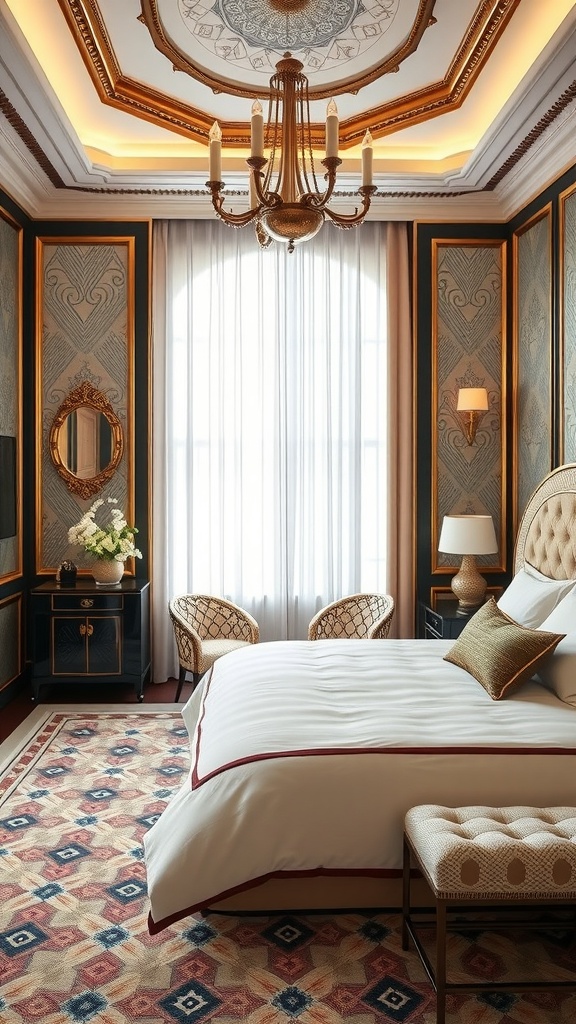 Luxurious bedroom featuring Art Deco influences with elegant furniture, ornate chandelier, and intricate wall designs.