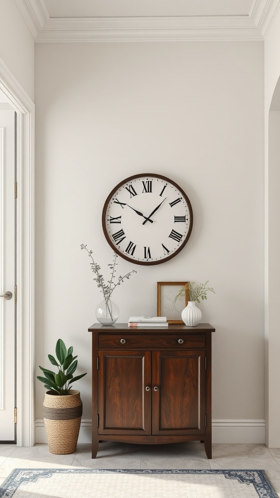 An elegant entryway featuring a large round wall clock, a wooden cabinet, a potted plant, and simple decor items.