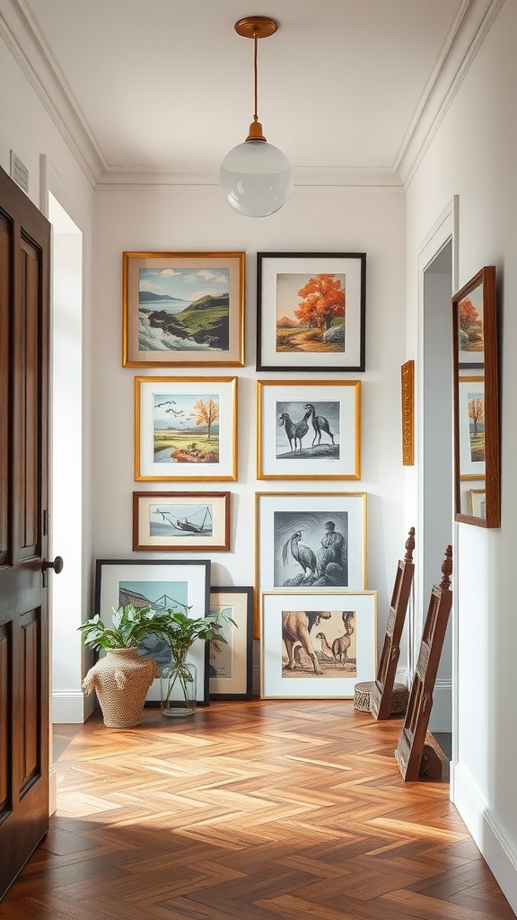 An elegant entryway featuring an artful wall gallery with framed artworks and a potted plant.