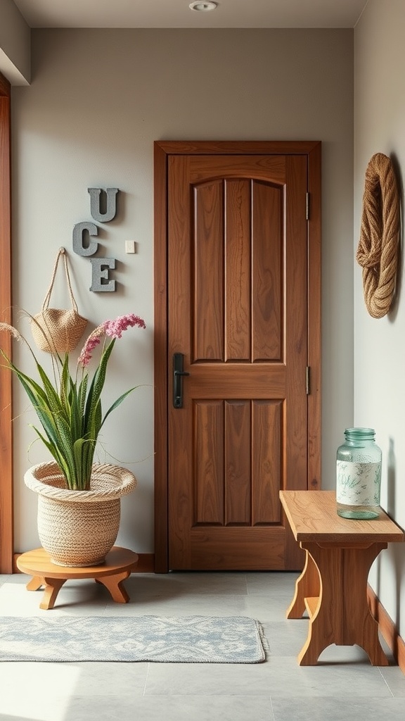 A wooden entryway with a door, a small bench, a plant in a basket, and decorative elements.