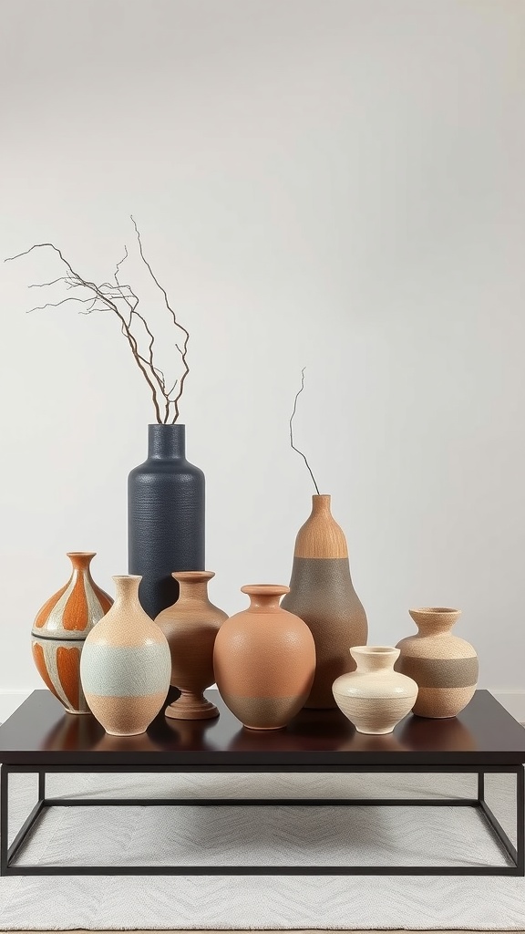 A collection of artisan crafted decorative vases in various shapes and colors arranged on a table.