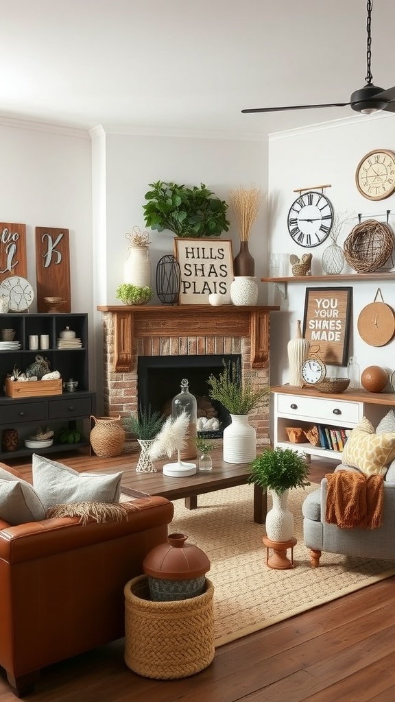 A cozy living room with artisan-crafted decor, featuring a leather couch, wooden signs, and various plants.