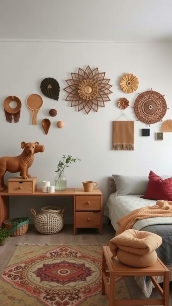 A cozy bedroom with artisanal craftsmanship, featuring woven wall art, a wooden dog statue, and a colorful rug.