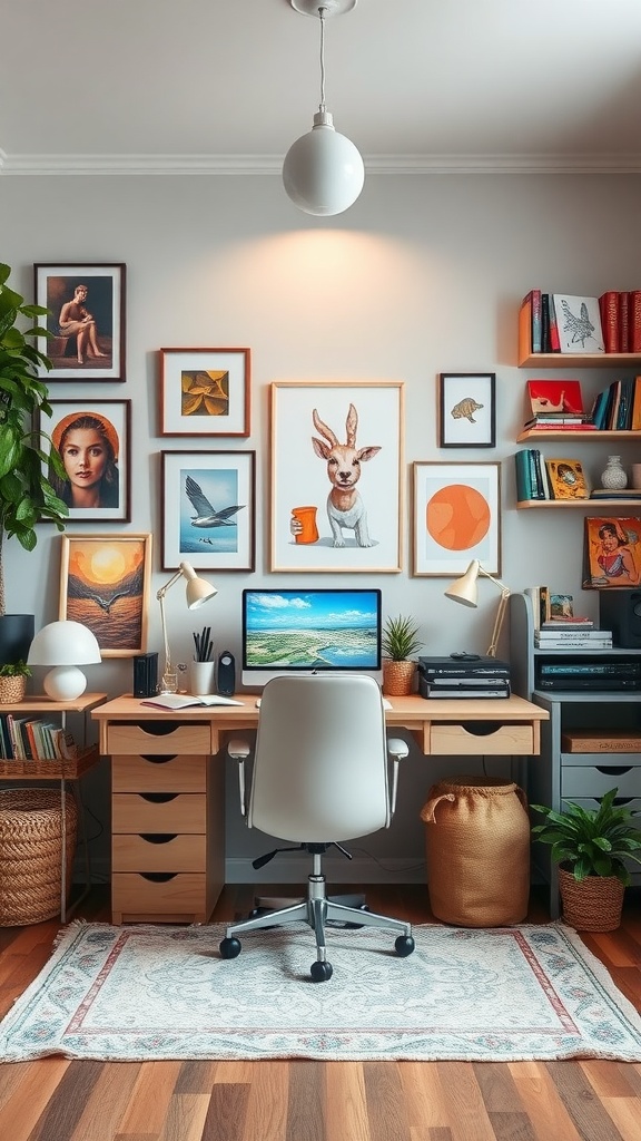 Home office featuring a modern desk, computer, and an artistic wall with various framed artworks