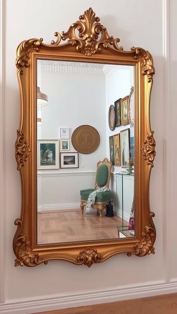 An ornate golden framed mirror reflecting a stylish room with artwork and a green chair.