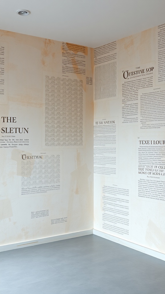 A corner of a room with walls featuring a combination of textures, patterns, and text.