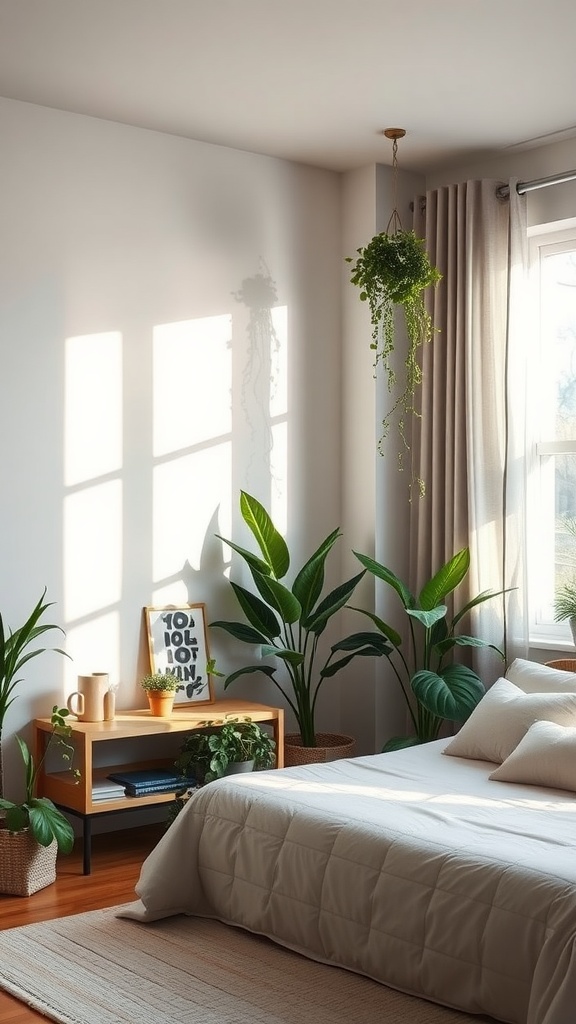 A bright bedroom featuring plants, a cozy bed, and warm sunlight casting shadows.