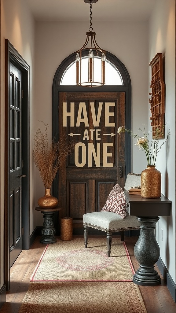 Entryway with a wooden door, decorative vases, a patterned chair, and a textured rug