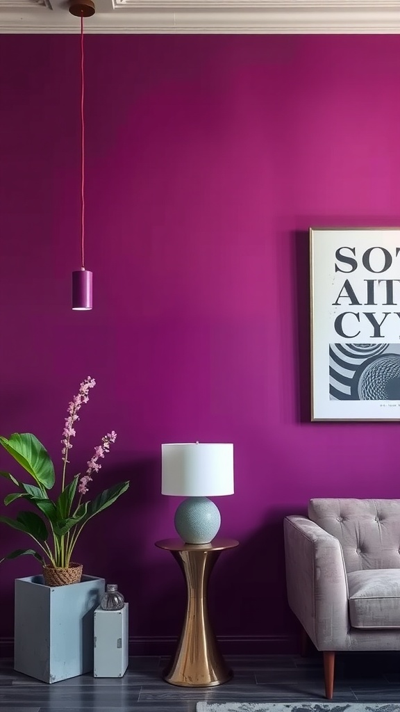 A modern living space featuring a bold purple accent wall, gray sofa, gold side table, lamp, and plant.