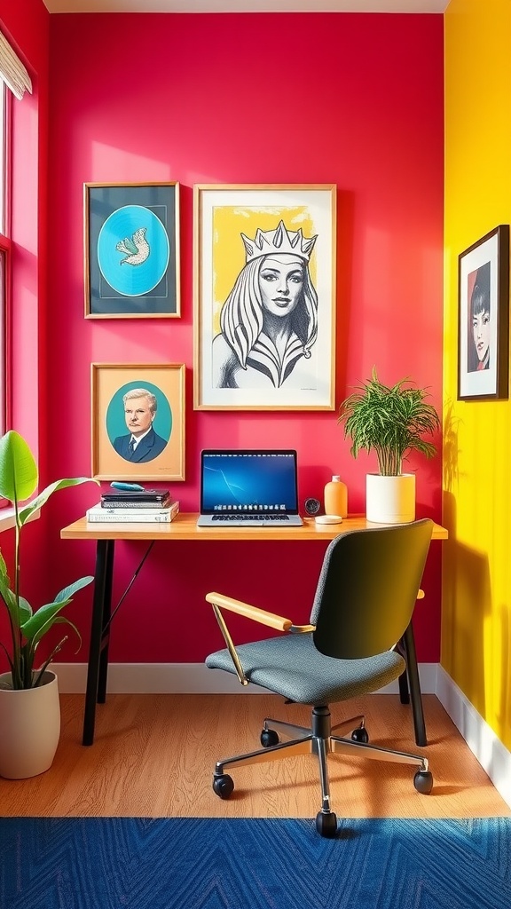 A bright home office with pink and yellow walls, featuring colorful artwork, a wooden desk, and a chair, along with a plant.